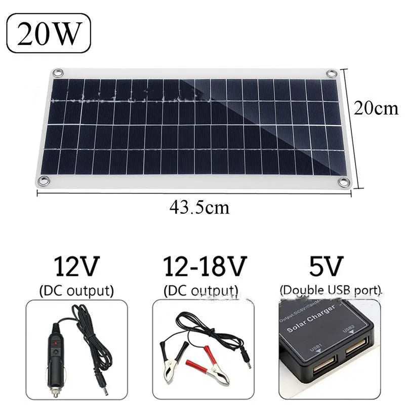 Portable polycrystalline solar panel with dual USB ports for outdoor device charging.