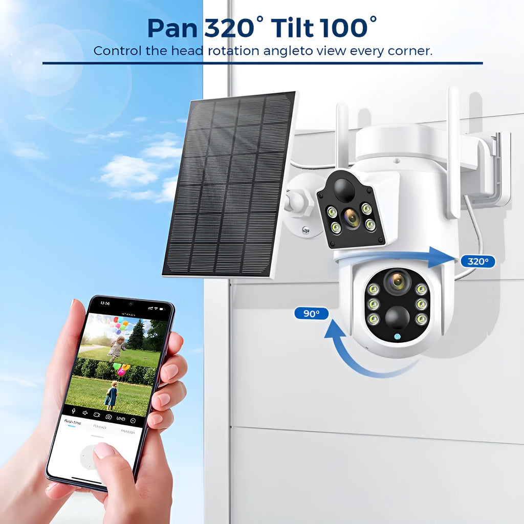 Outdoor solar-powered WiFi security camera with solar panel in white or black/white casing.