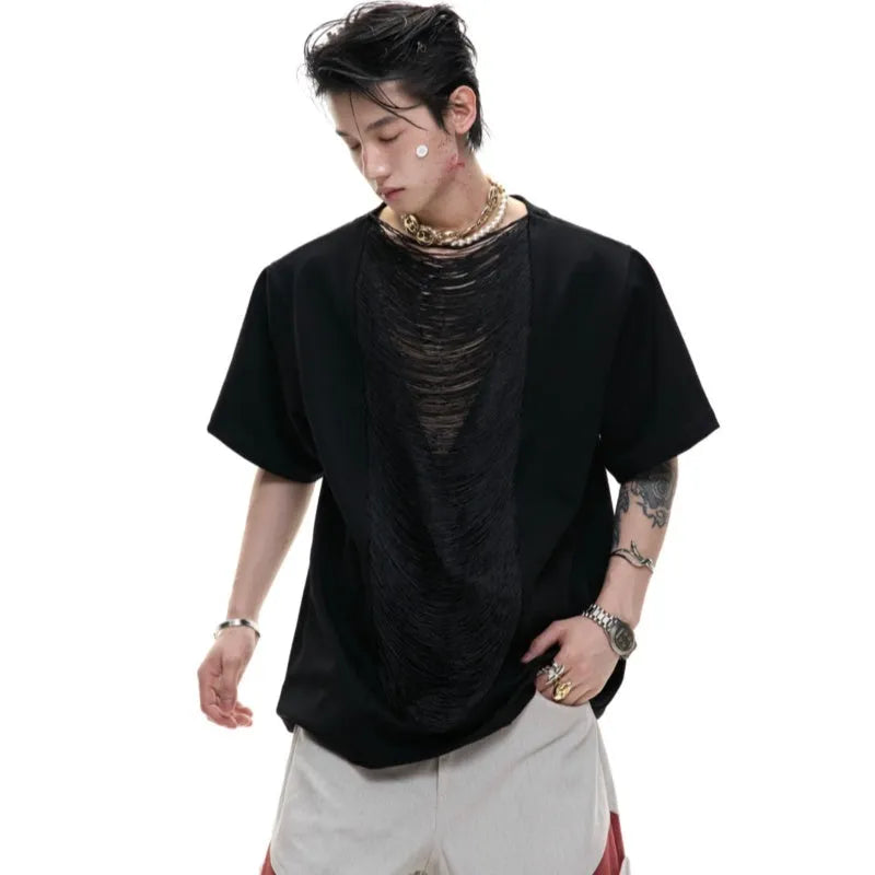 Men's drum black hollow out V-neck t-shirt with short sleeves and tassel detailing