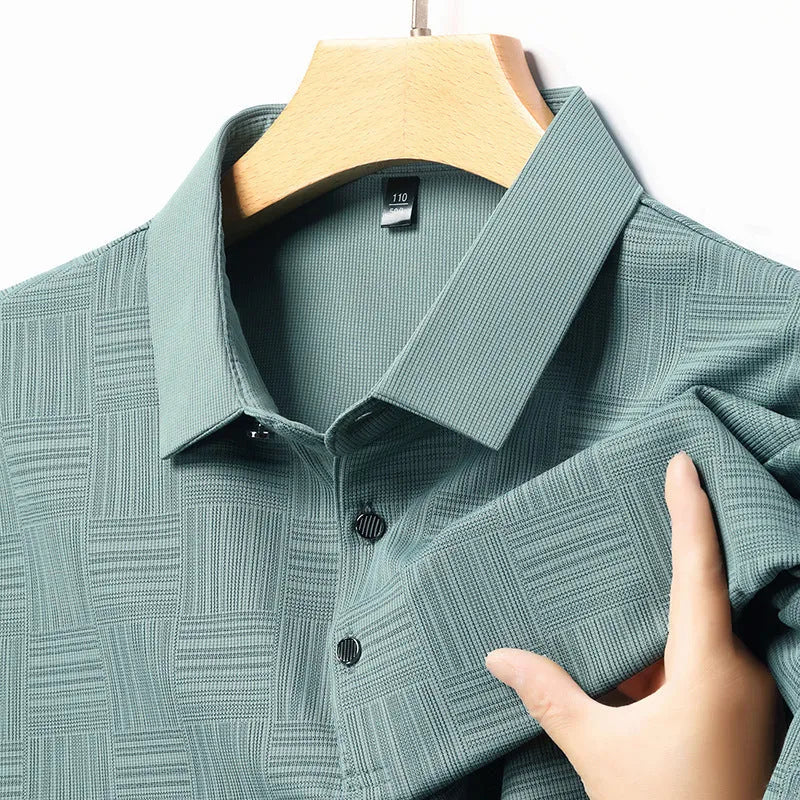 Men's lapel neck slim fit t-shirt in green, showing the casual collar design and lightweight fabric.