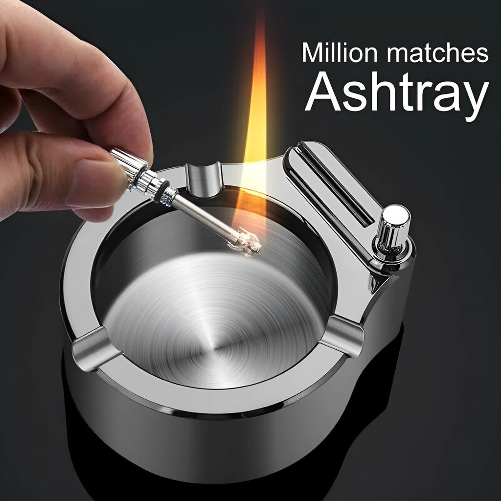 Blue metal ashtray with permanent match lighter and three cigarette slots