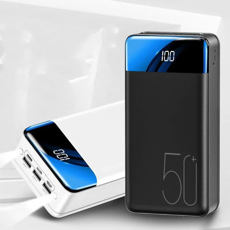 Large capacity 50000mAh power bank with three output ports and three input ports in black or white plastic case