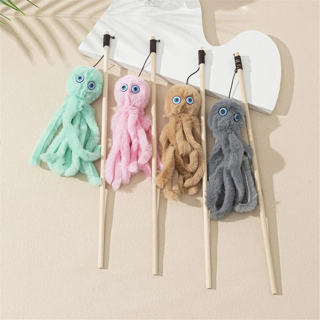Octopus-themed cat toy with long stick handle and moving eyes for indoor play with kittens