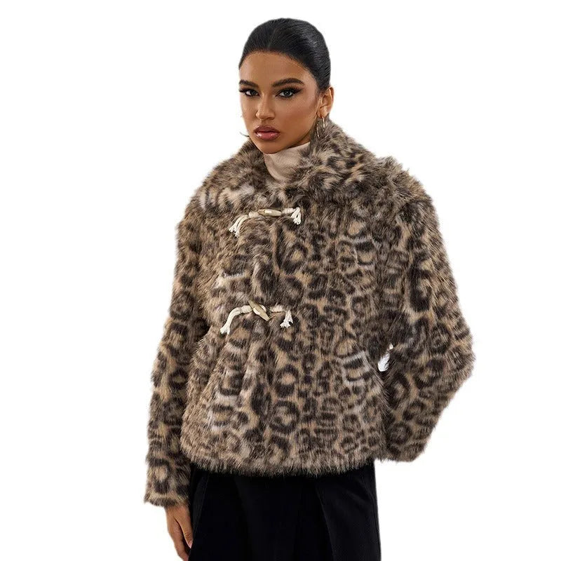 Leopard print women's coat with a buckle lapel detail on the collar