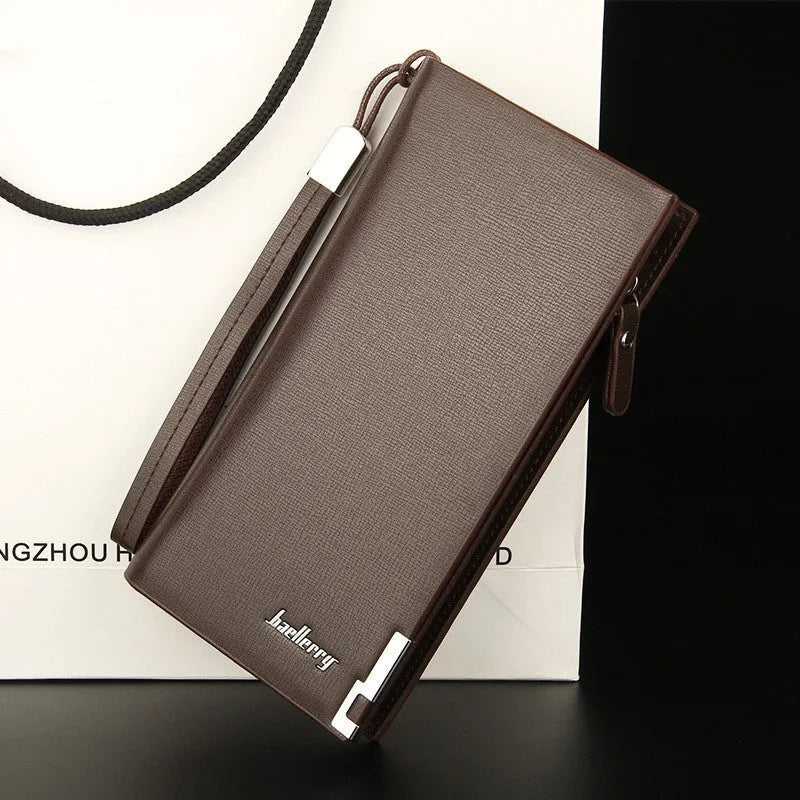Men's long black PU leather wallet with a full-length silver zipper closure.