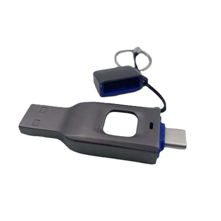 Black metal fingerprint encrypted USB flash drive with both USB 3.0 and Type-C connectors shown.