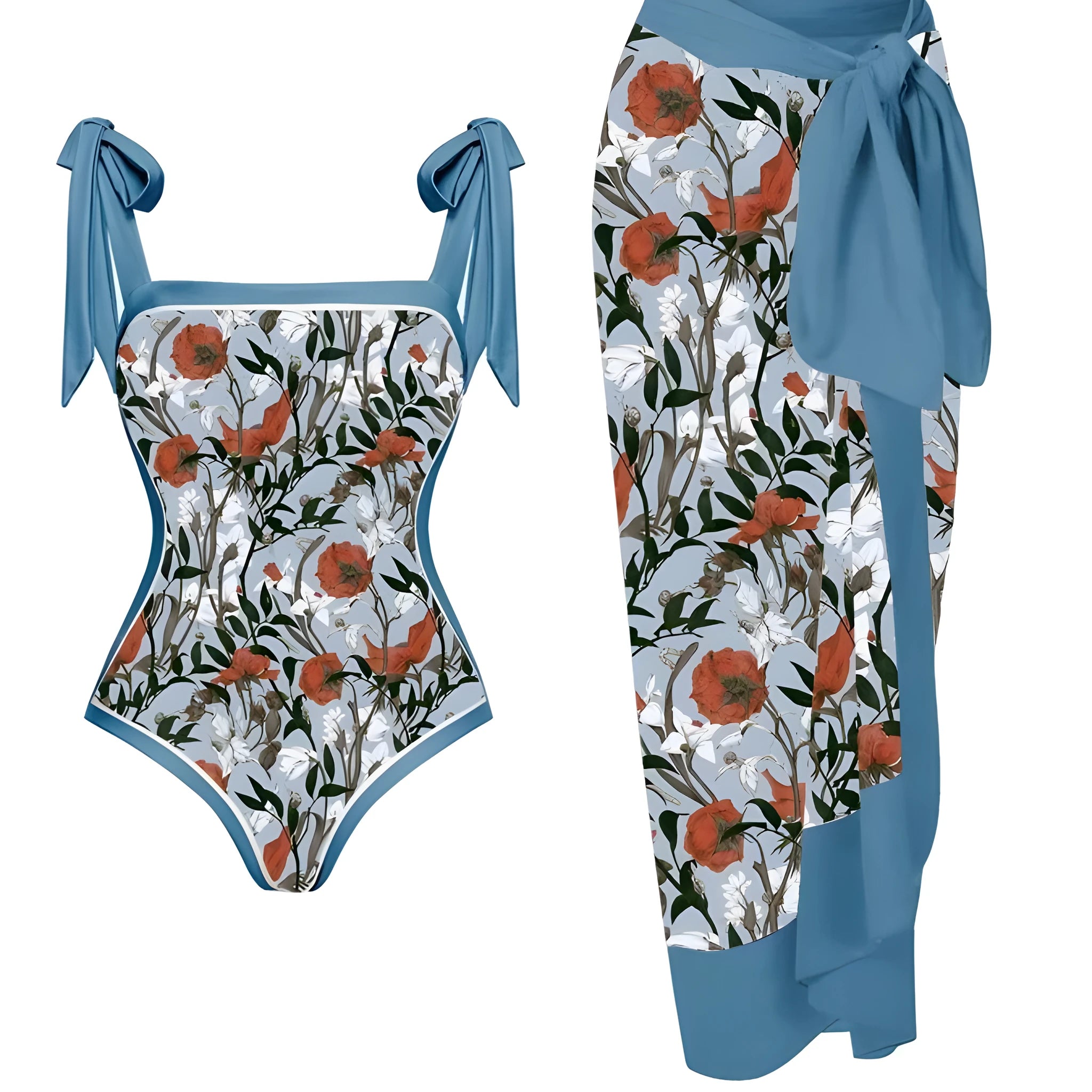 Women's printed chiffon two-piece swimsuit set with a separate hip skirt.