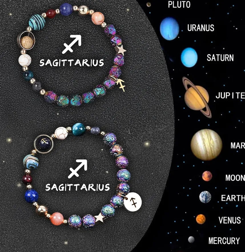 Two natural stone beaded bracelets with zodiac sign charms on a white background
