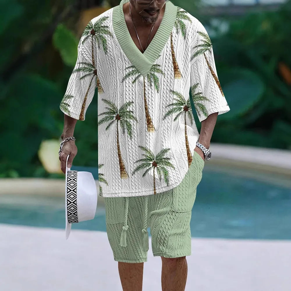 Loose casual short sleeve suit two-piece set in polyester fabric, showing top and shorts.
