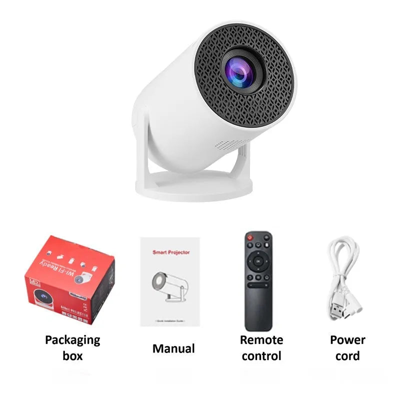 Black portable mini projector with remote control and power cord for home and camping use