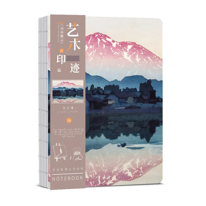 Ukiyo-e series hand ledger notebook showing Japanese art cover and open writing pages