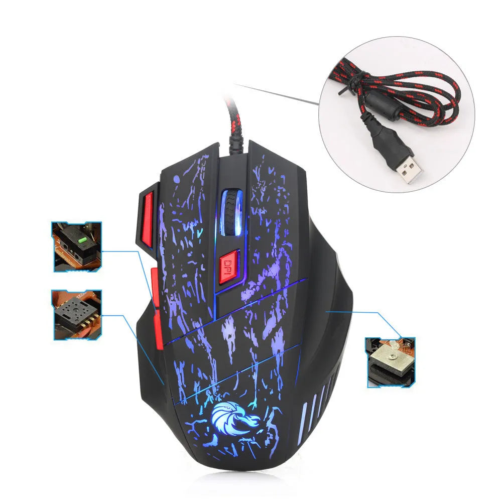 Colourful luminous gaming mouse with ergonomic design and USB cable