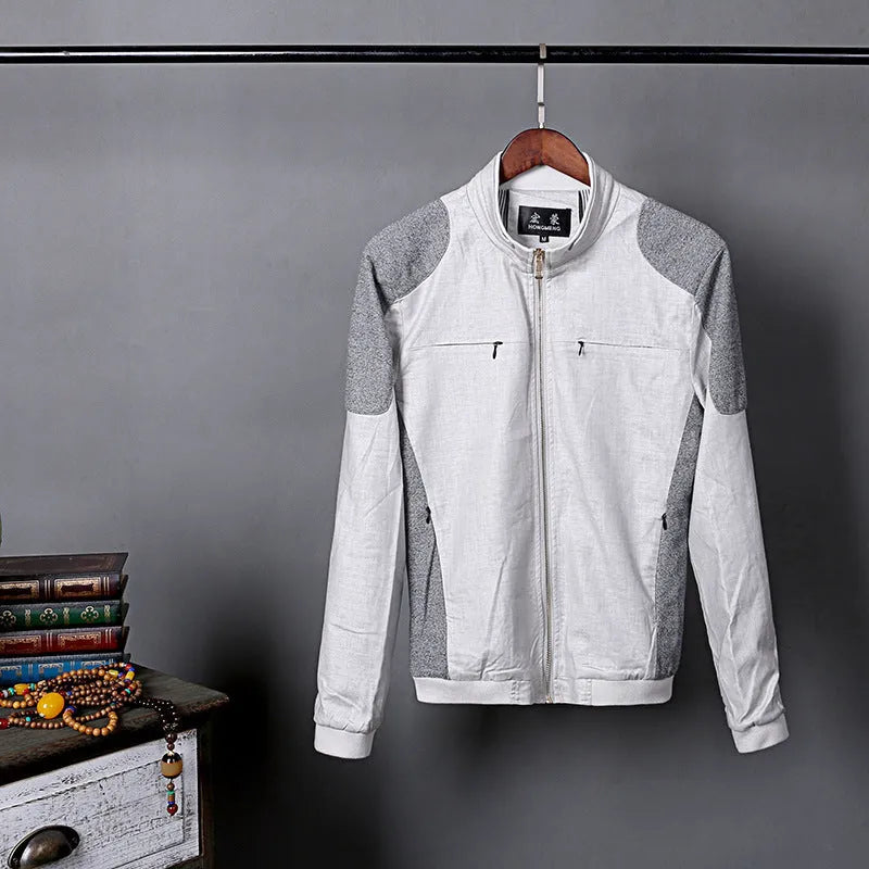 Men's thin linen jacket in lightweight cotton fabric available in blue, grass green, and heather grey colours
