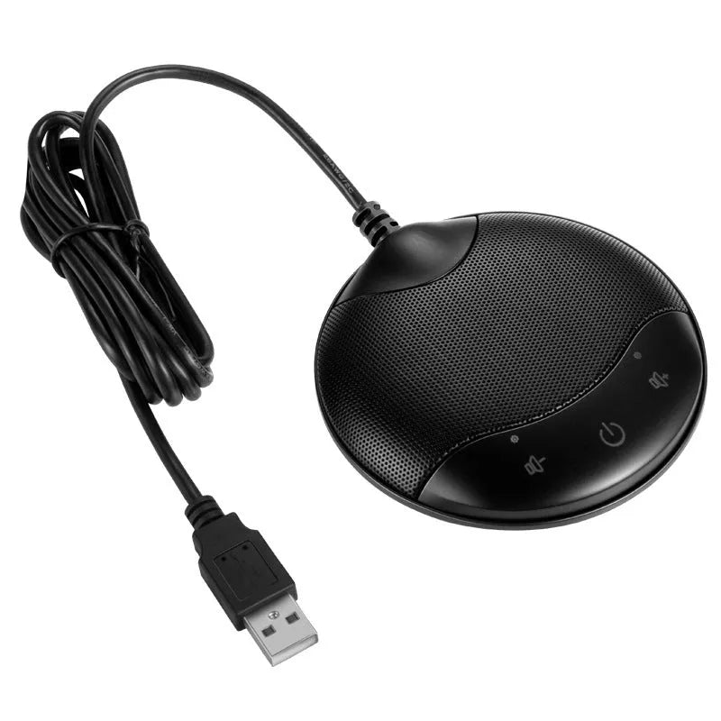 Black USB condenser microphone for conferences and gaming with 9x9x1.7cm dimensions