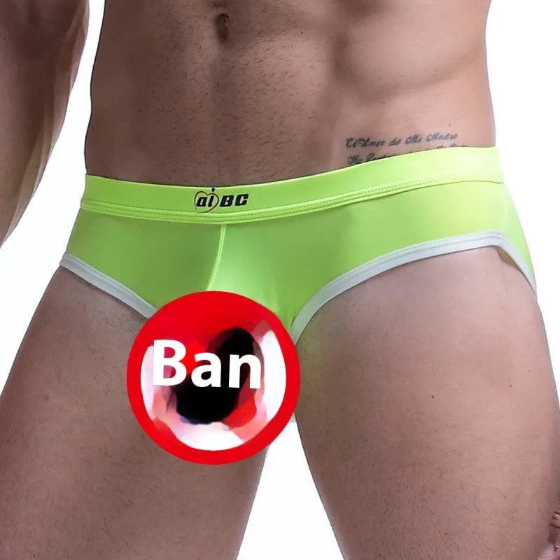 Men's mid-waist ice silk briefs in army green showing thin nylon fabric and bullet separation pouch design.