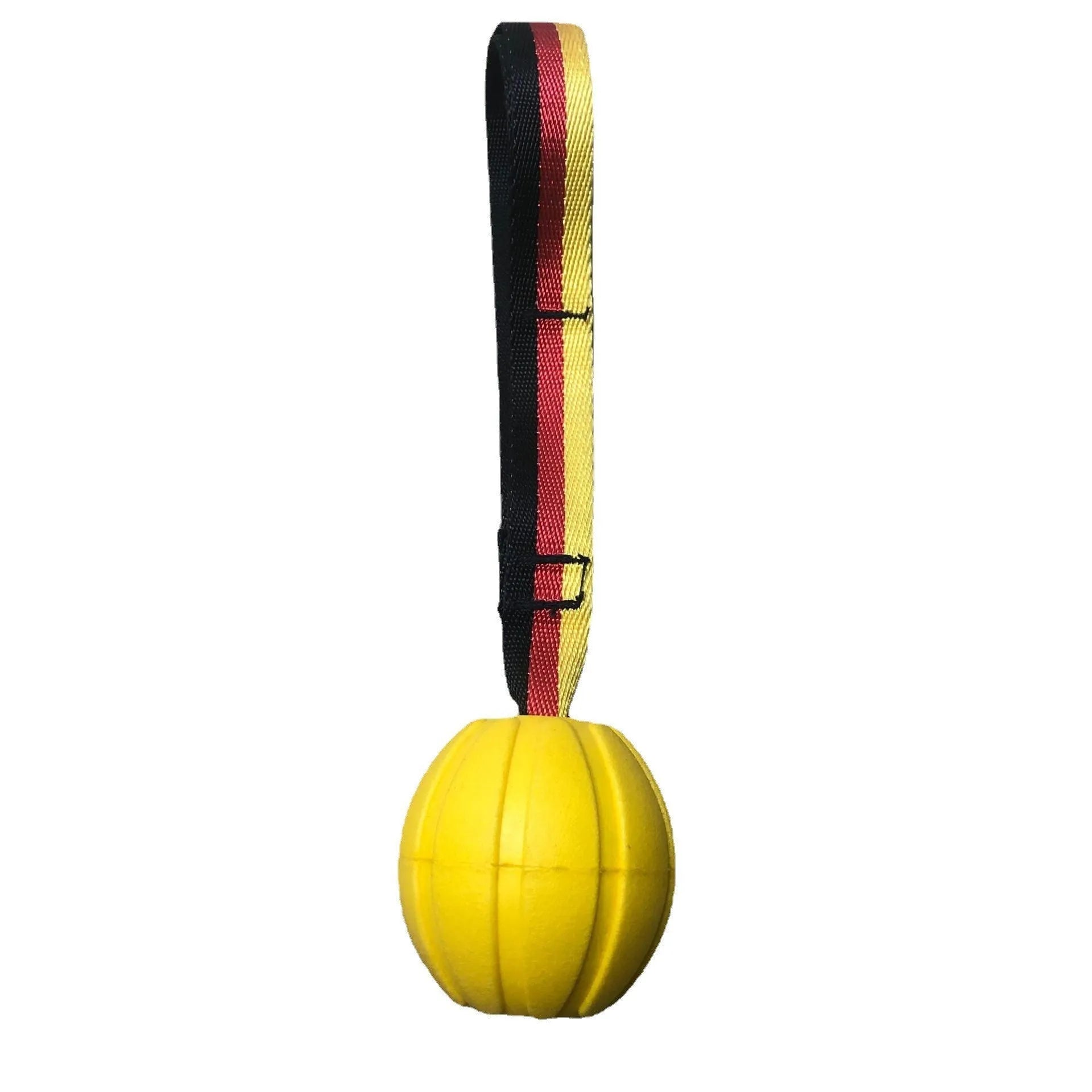 Yellow and camouflage floating EVA foam dog balls with tether strings in three different sizes on a blue background.