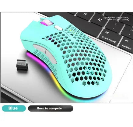Wireless gaming mouse with hollow-out shell showing RGB lighting through openings