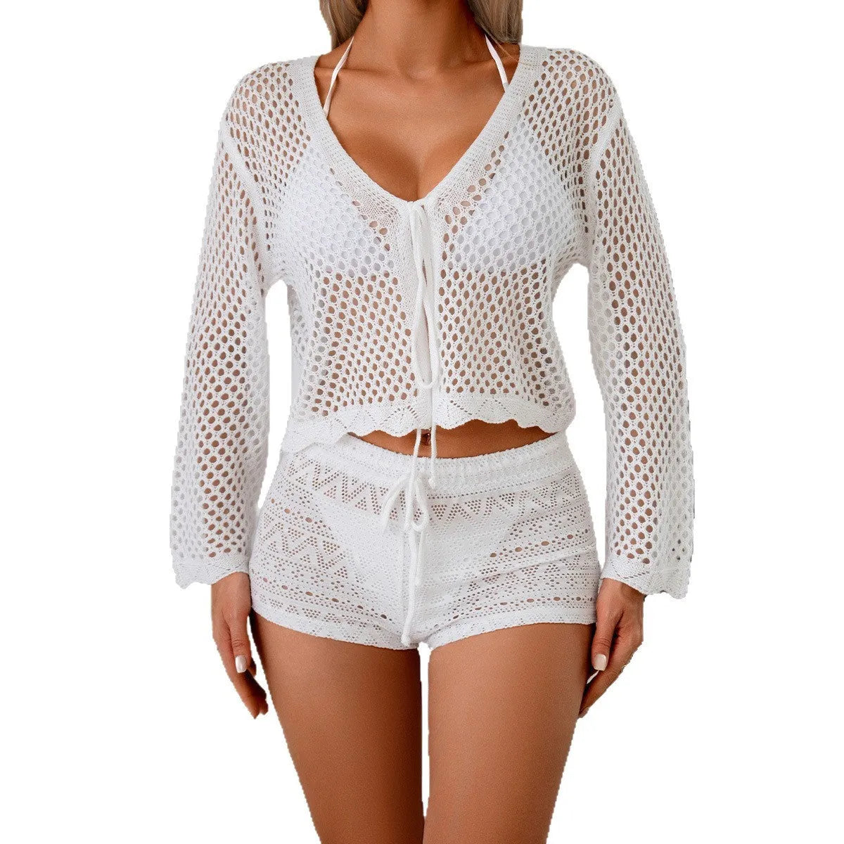 Women's short hollow woven cardigan blouse with bell sleeves in apricot colour