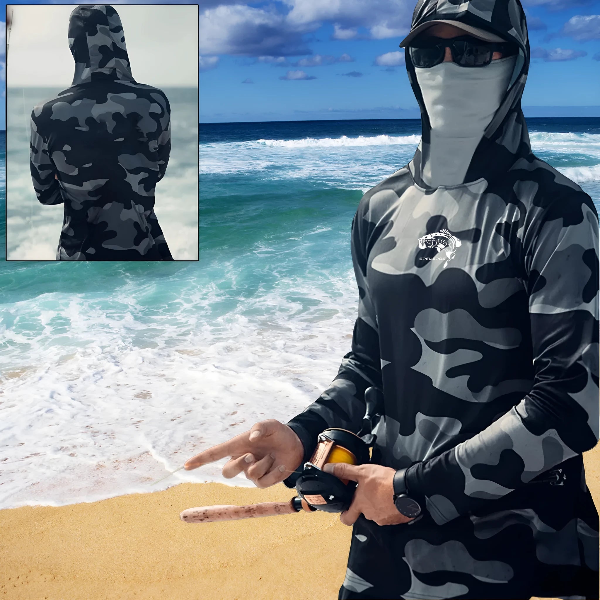 Men's long sleeve fishing hoodie with mesh side panels and crew neck