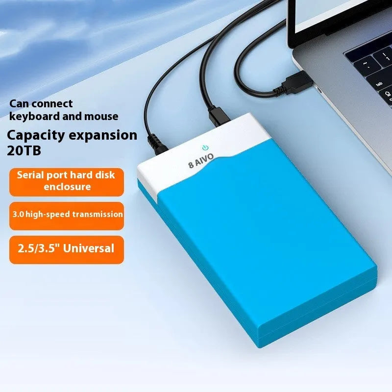 Black and silver 3.5-inch SATA to USB hard drive enclosure with power adapter and data cable