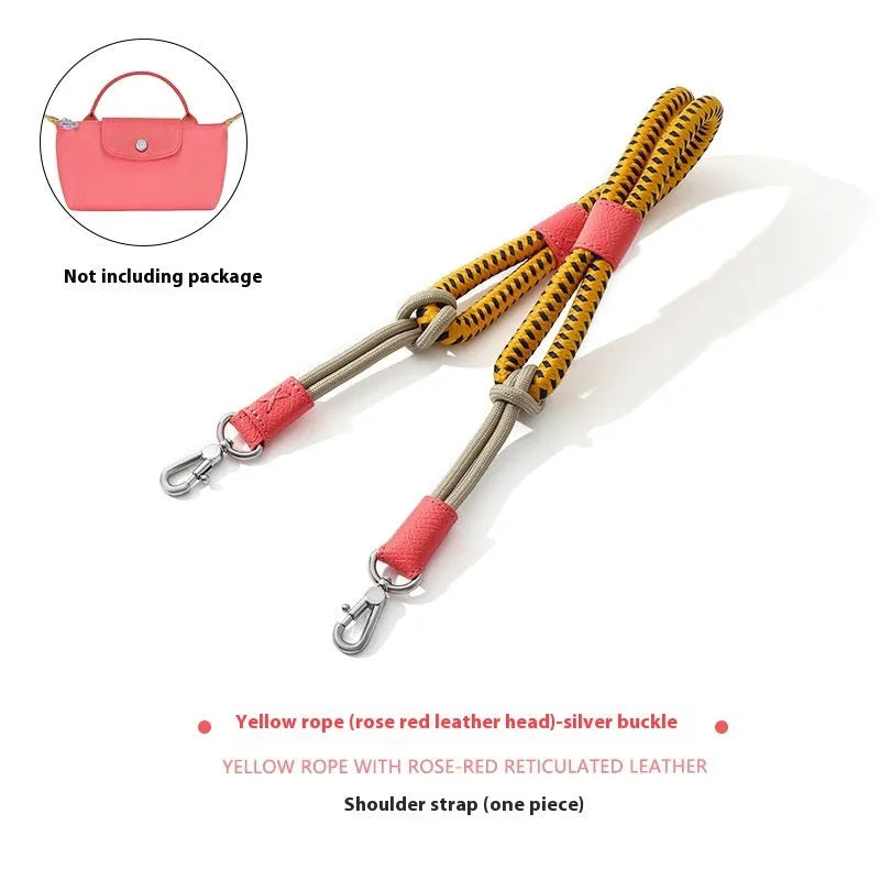 Braided nylon and cowhide leather crossbody shoulder strap with gold alloy buckle on a grey background.