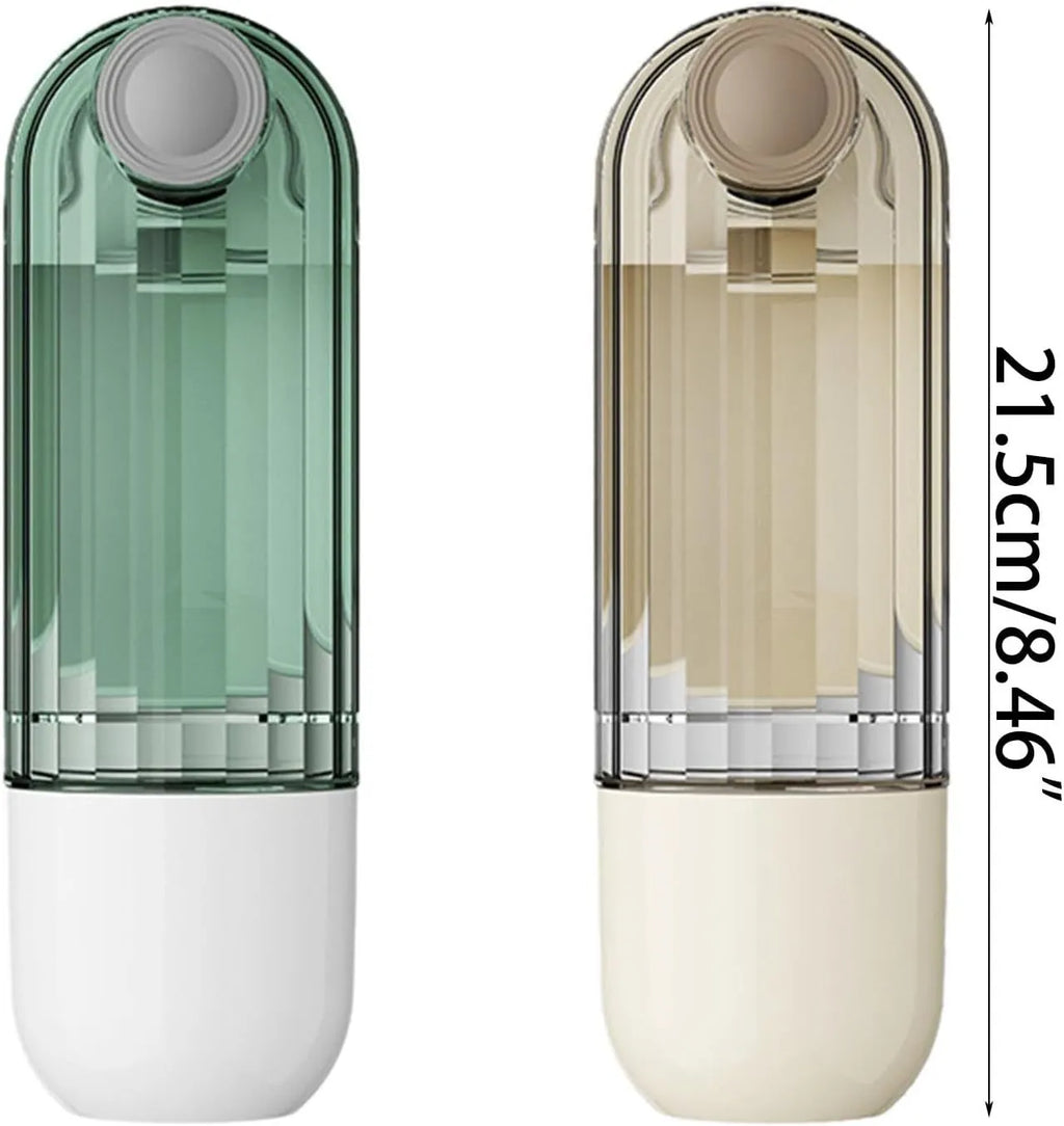 Beige foldable dog water bottle with a press-button dispenser and a small food container at the base.