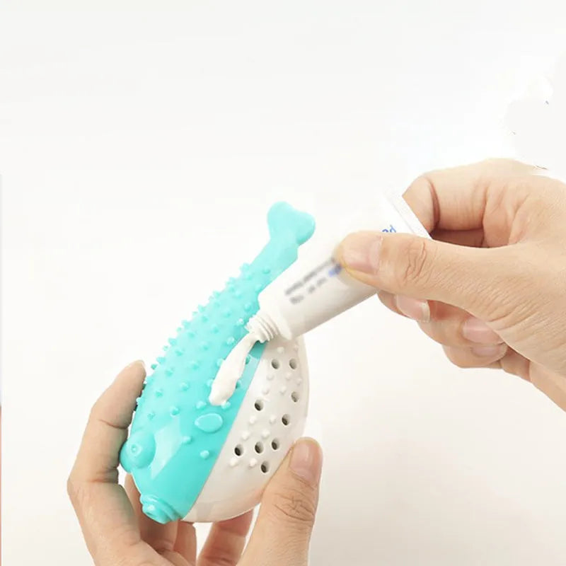 Blue silicone fish-shaped cat chew toy measuring 12.2cm long with textured surface