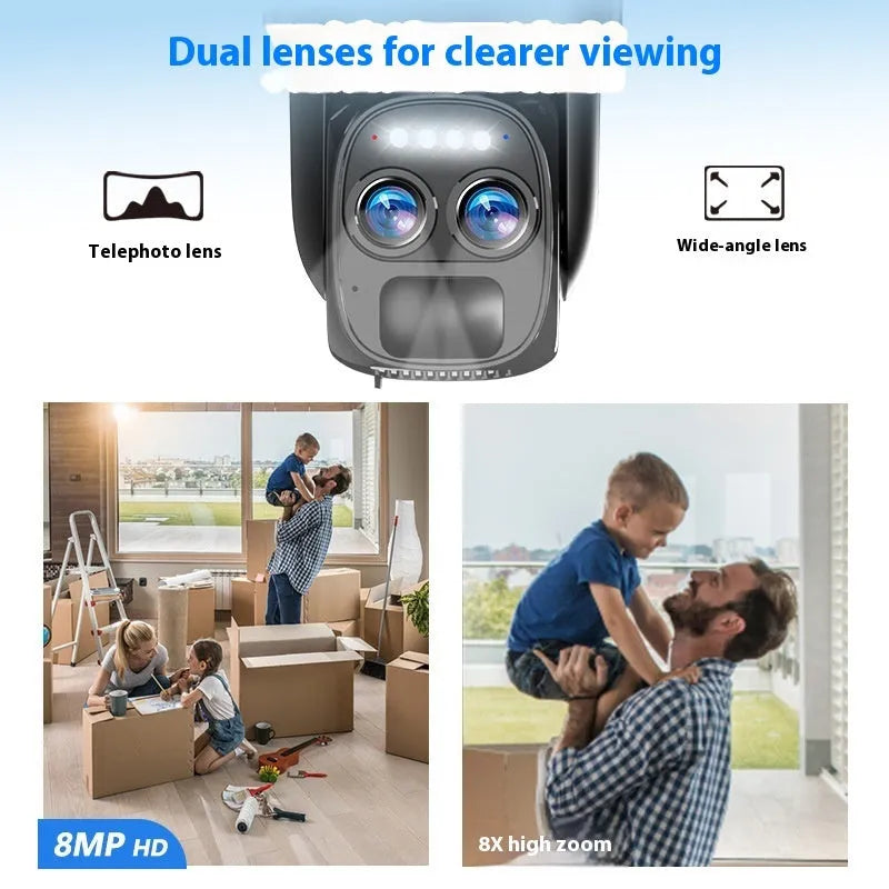 Solar-powered outdoor surveillance camera with 8x zoom lens and dual connectivity options