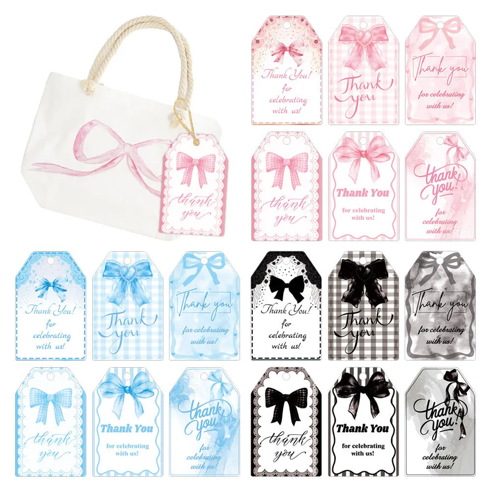 Set of 60 birthday gift tags with hemp rope ties in floral, polka dot and striped designs