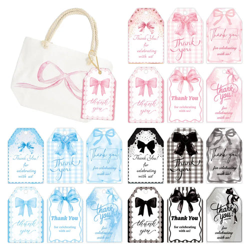 Set of 60 birthday gift tags with hemp rope ties in floral, polka dot and striped designs