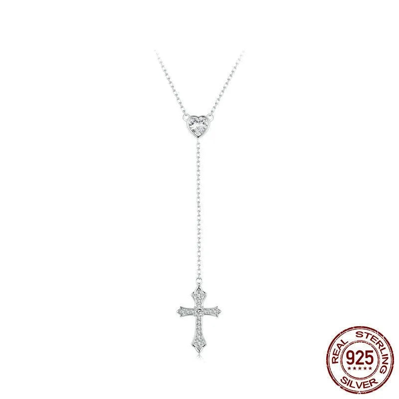 Silver love cross pendant necklace with V-neck chain on woman