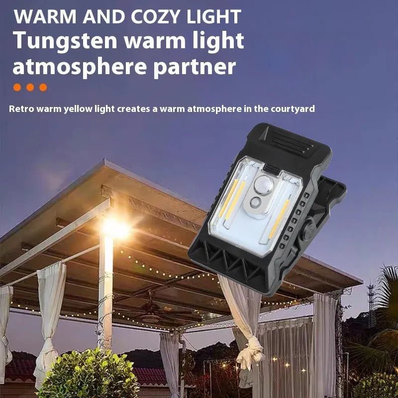 Compact white ABS motion sensor clip lamp with LED light, shown clipped to a surface.