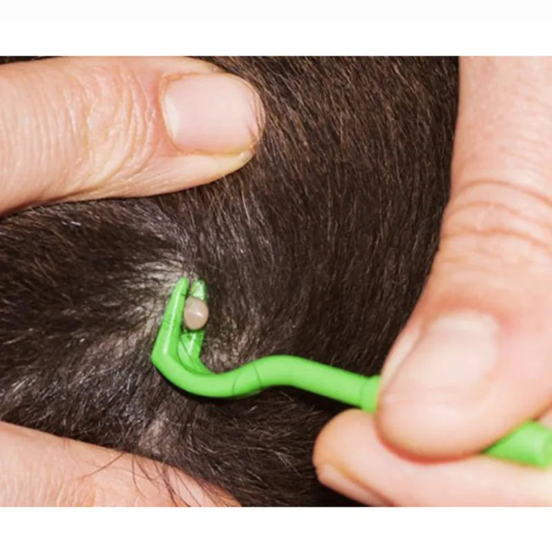 Three plastic tick removal tools with hook design for pet grooming and flea extraction