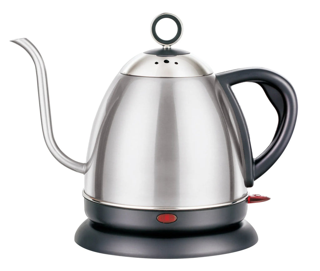 Gold automatic stainless steel kettle with touch controls and 1-litre capacity on a kitchen counter.