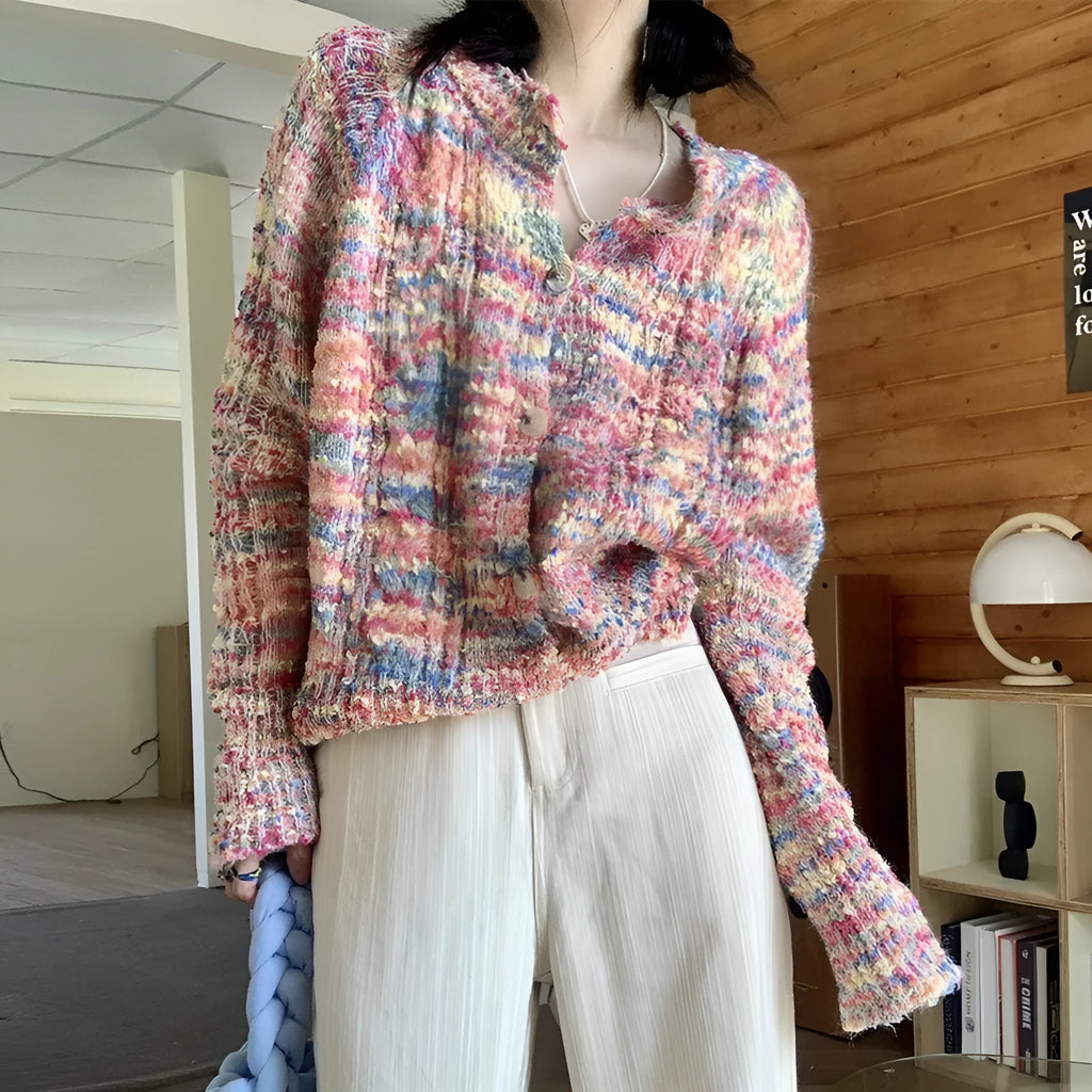 Retro style knitted rainbow cardigan sweater in pink or green colour with slim fit design