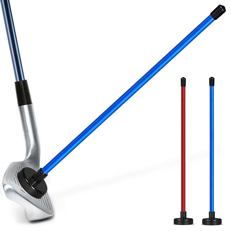 Red and blue aluminium alloy golf swing trainer with magnetic alignment bar.