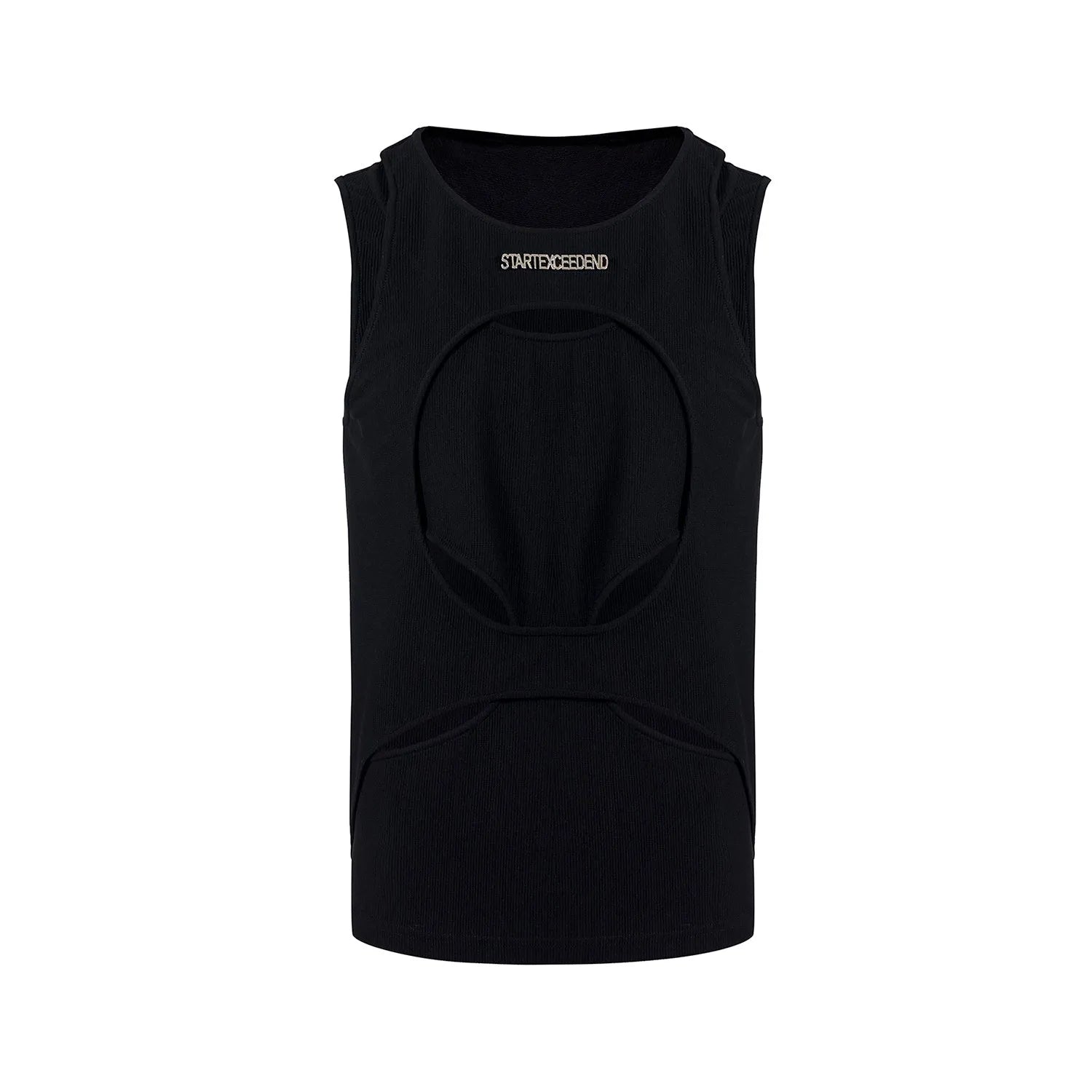 Men's black sleeveless waistcoat vest with hollow knit design and round neck collar