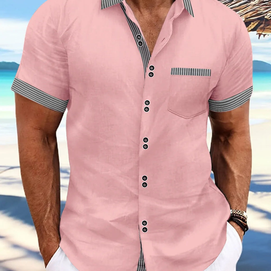 Men's pure cotton slim fit striped short sleeve casual shirt with double button design
