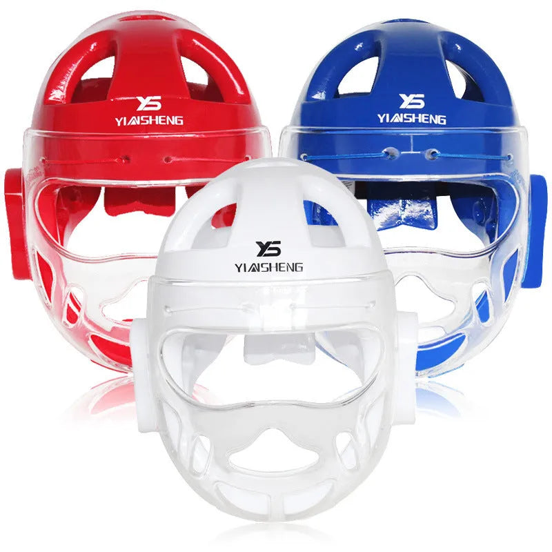 Karate helmet protective equipment in white blue red colours with S M L XL sizing for boxing head protection