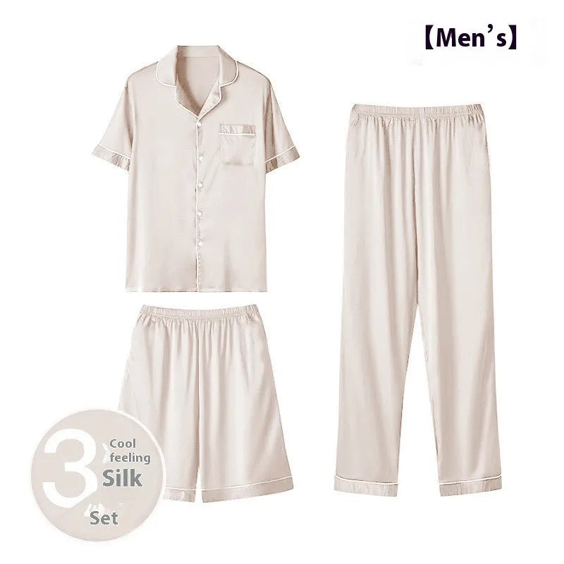 Men's ice silk three-piece homewear set in multiple colours showing top, shorts, and trousers for lounge wear