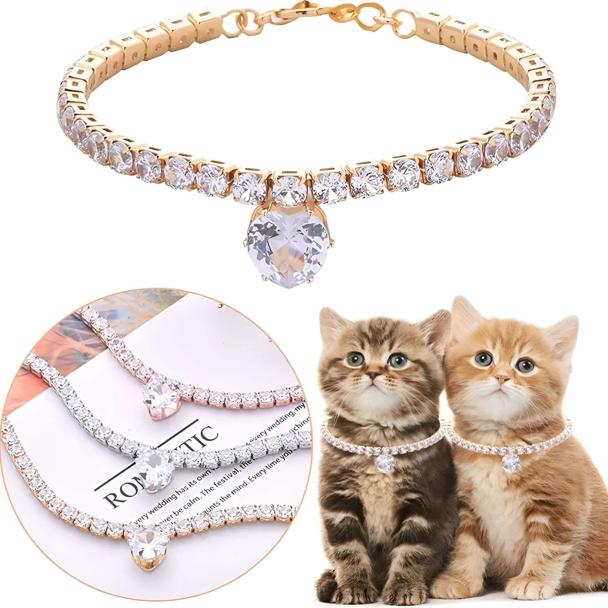 Gold rhinestone heart design pet collar for cats and dogs on a white background.