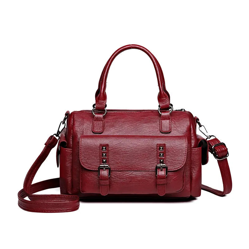 Vintage-style large messenger bag in PU leather, showing horizontal square shape and contrast stitching.