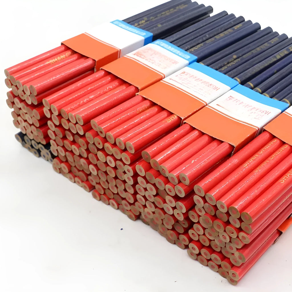 Ten red and blue two-colour round wooden carpenter's pencils for building site marking