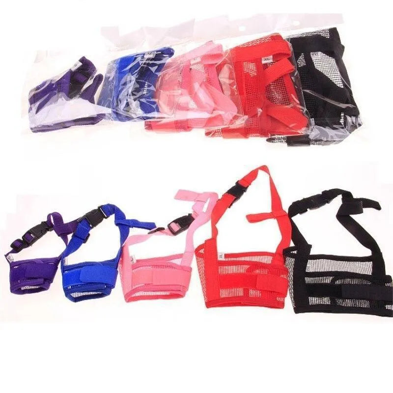 Adjustable plastic dog muzzle in assorted colours on a size chart showing measurements from 12cm to 34cm.