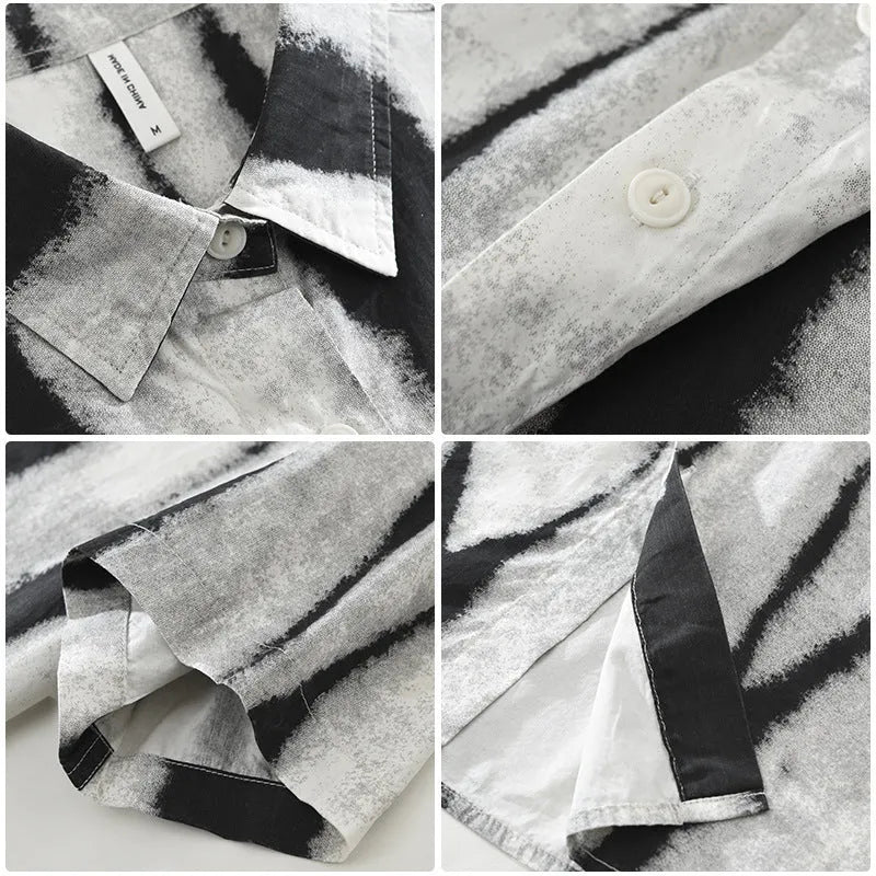 Retro striped pure cotton short sleeve shirt in loose cardigan style shown in black colour