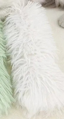 Cat plush toy pillow in blue, green, pink, and white colours measuring 27cm by 10cm