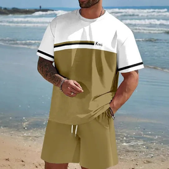 Men's loose-fit short-sleeved T-shirt and shorts set in a light colour for summer.