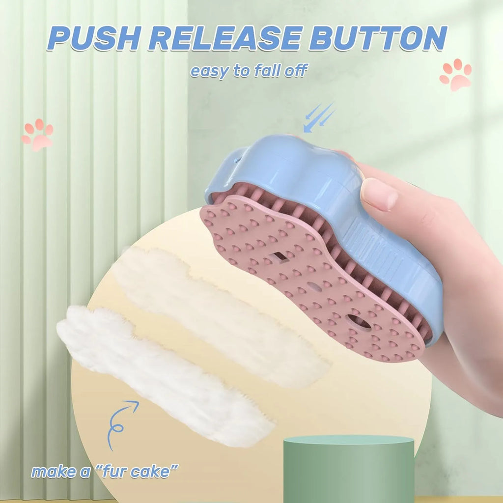 Self-cleaning cat steam brush with blue light and release button for pet grooming
