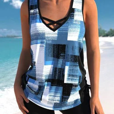 Women's printed split boxer swimsuit with matching shorts in multiple colour options