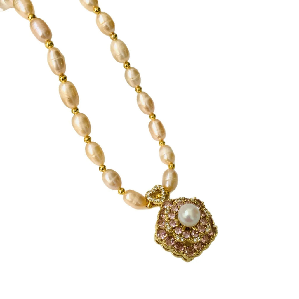 Natural freshwater pearl necklace with pink transfer bead and auspicious patterns, adjustable 51-60cm
